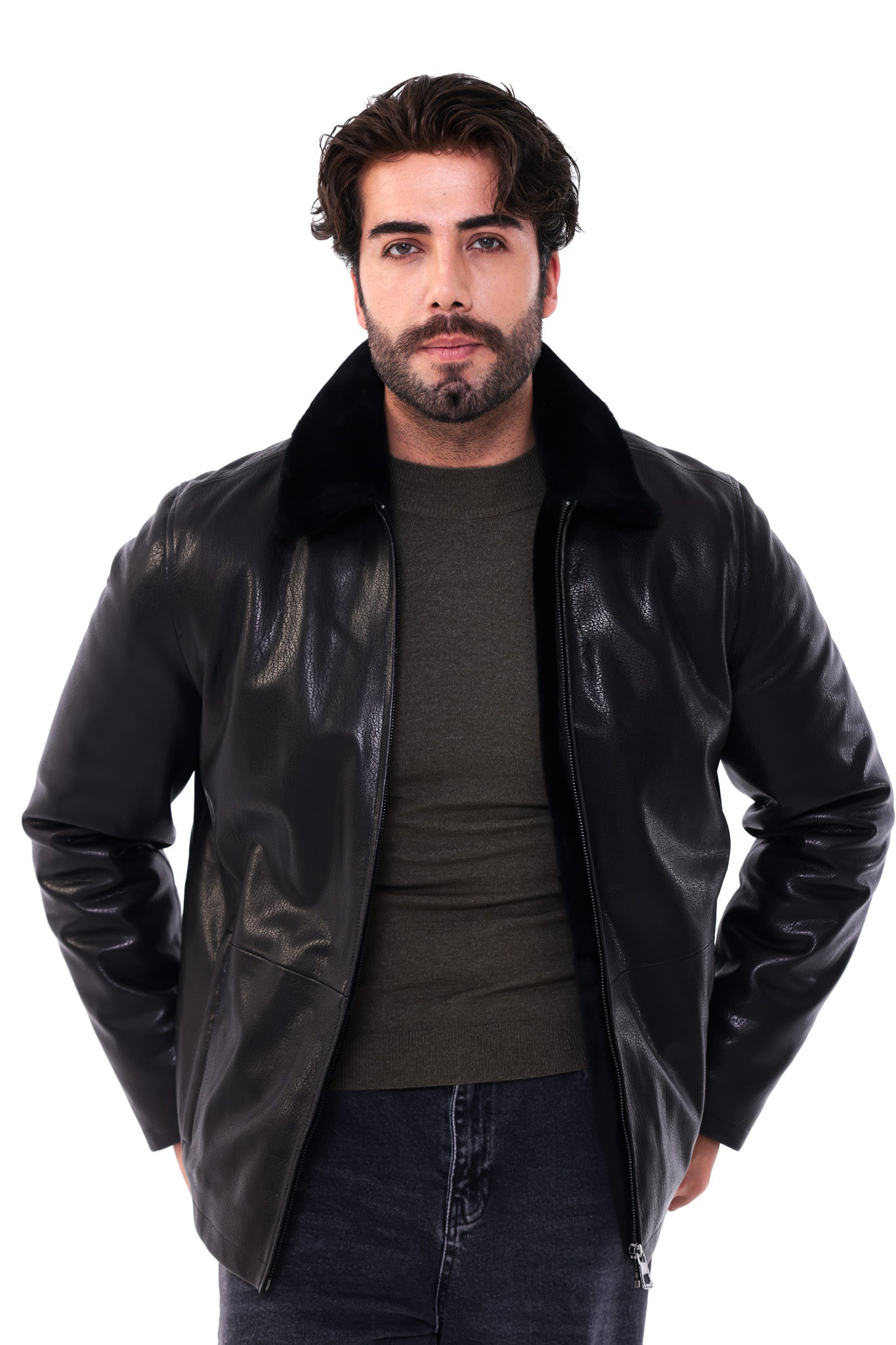 Chaqueta de hombre Elvaris de cuero genuino negro con cuello de piel