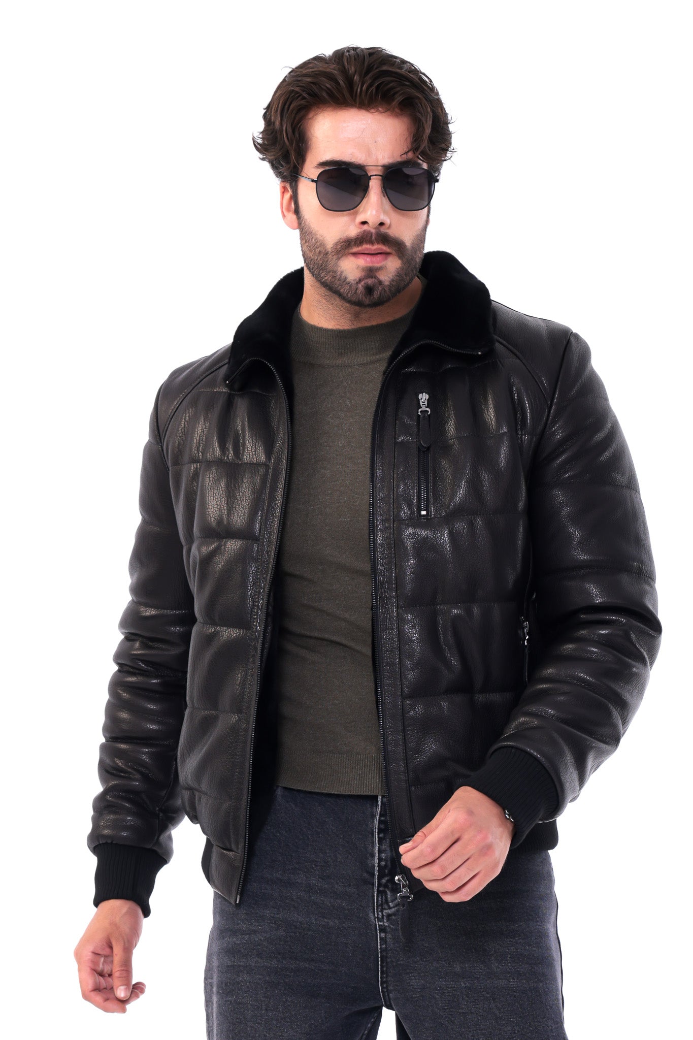 The Zervano Black Genuine Leather Fur Collar Puffer Men Jacket