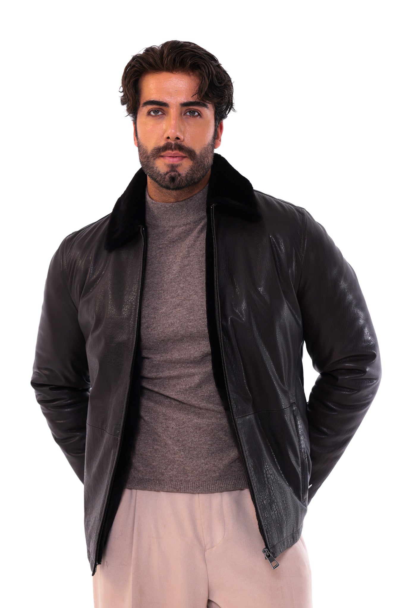The Elvaris Dark Brown Genuine Leather Fur Collar Men Jacket
