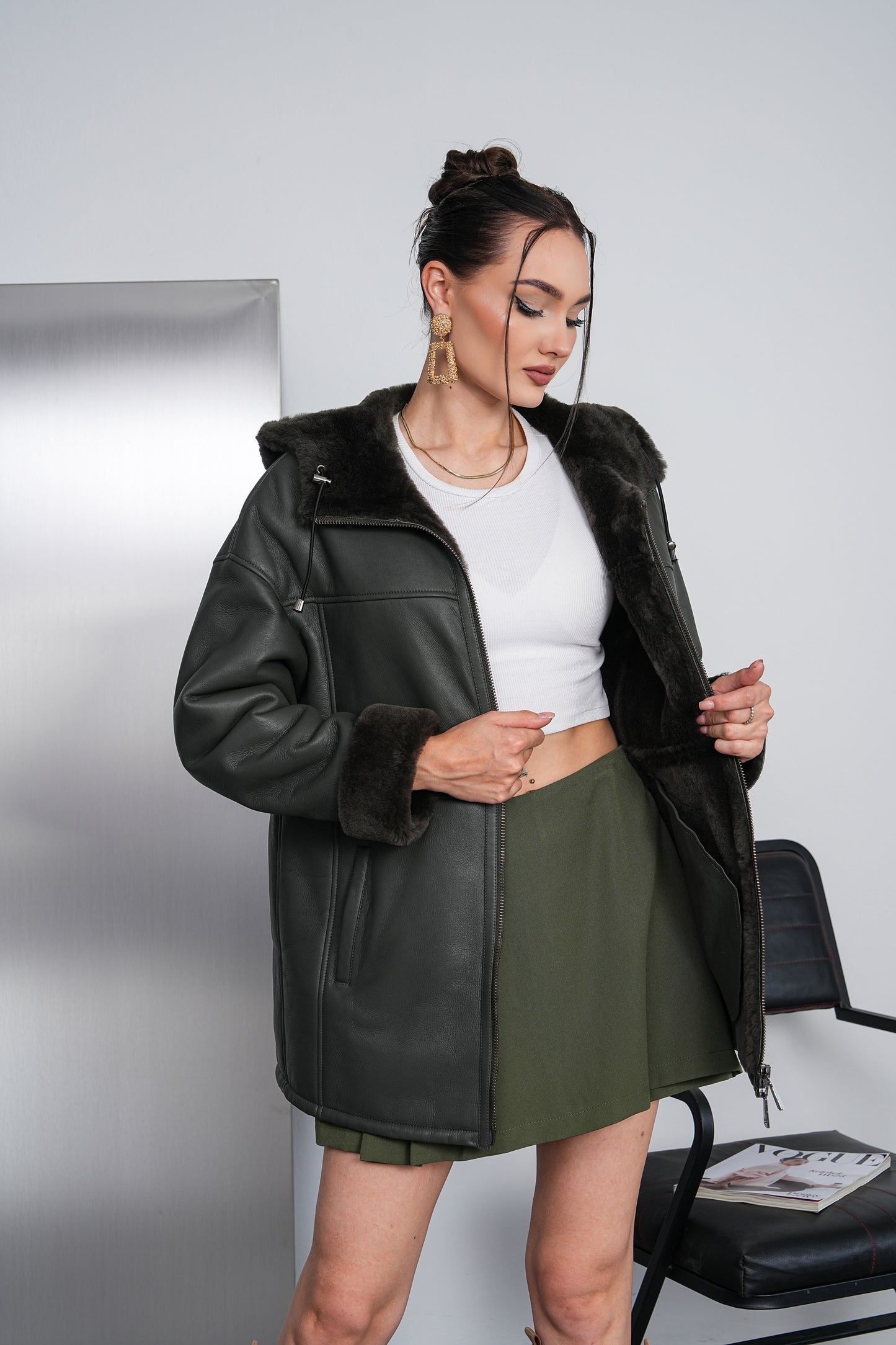 The Calverra Green Genuine Shearling Leather Hooded Women Coat