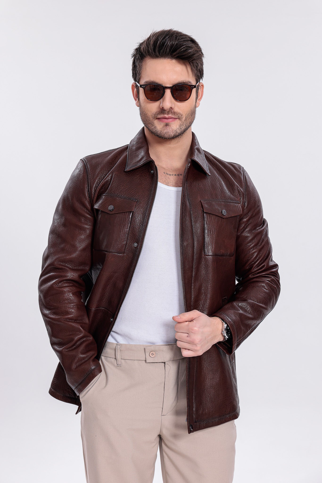 Chaqueta de campo para hombre en cuero genuino marrón Castello Brown
