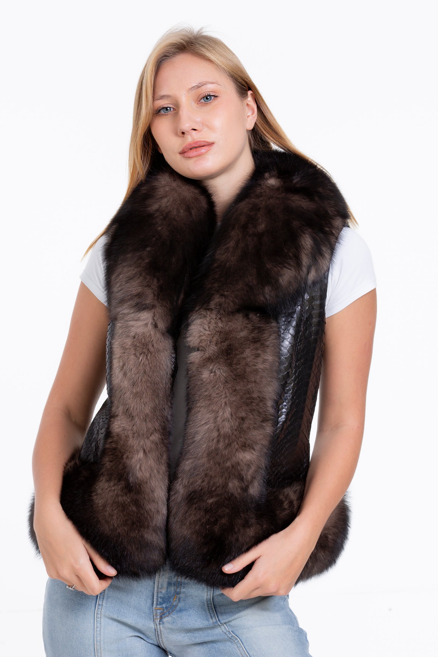 The Fitzroy Pythn Skin Leather Black Pullover Vest with a Pure Fox Fur Women Jacket