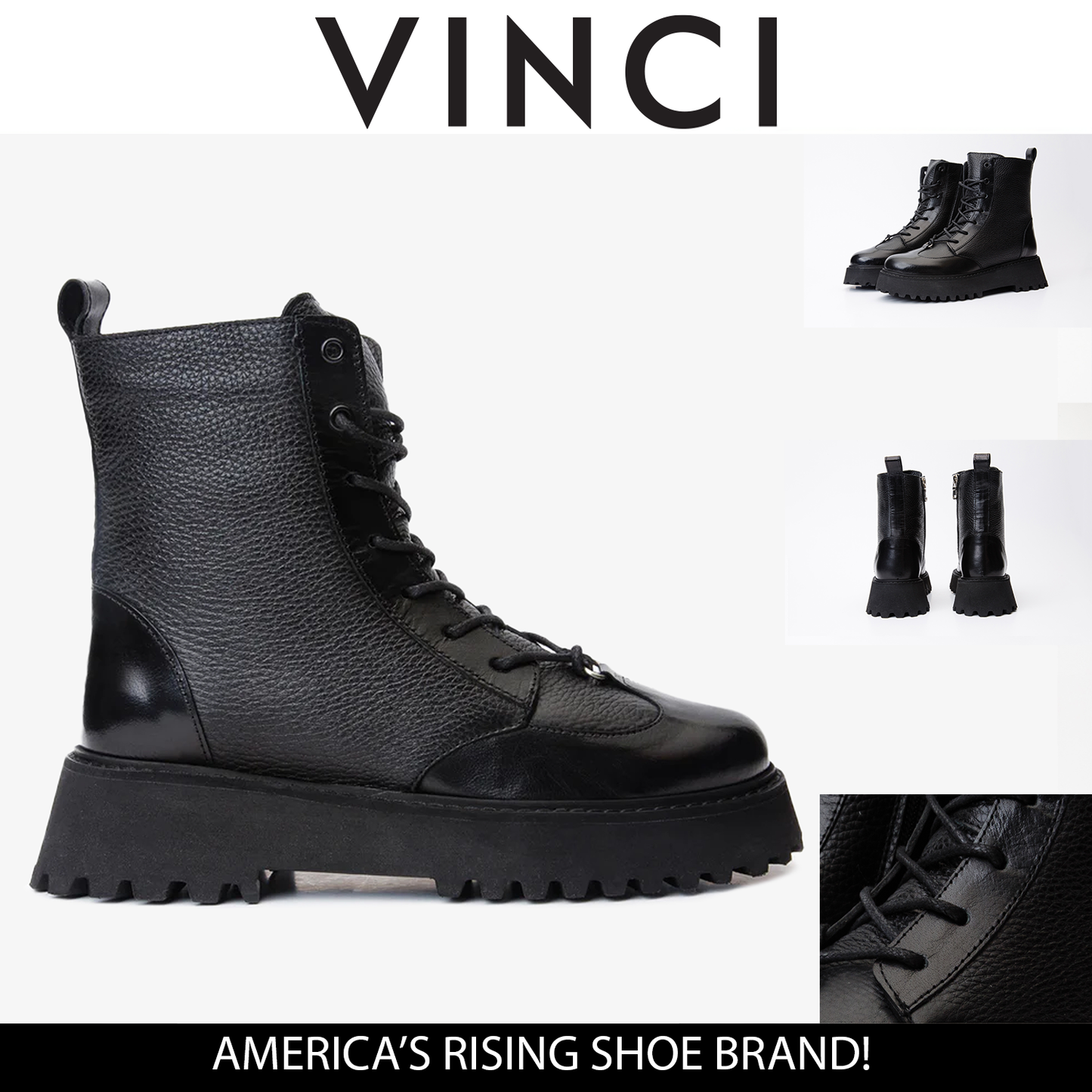 The Yildiz Black Leather Lace-Up Ankle Women Boot With a Side Zipper