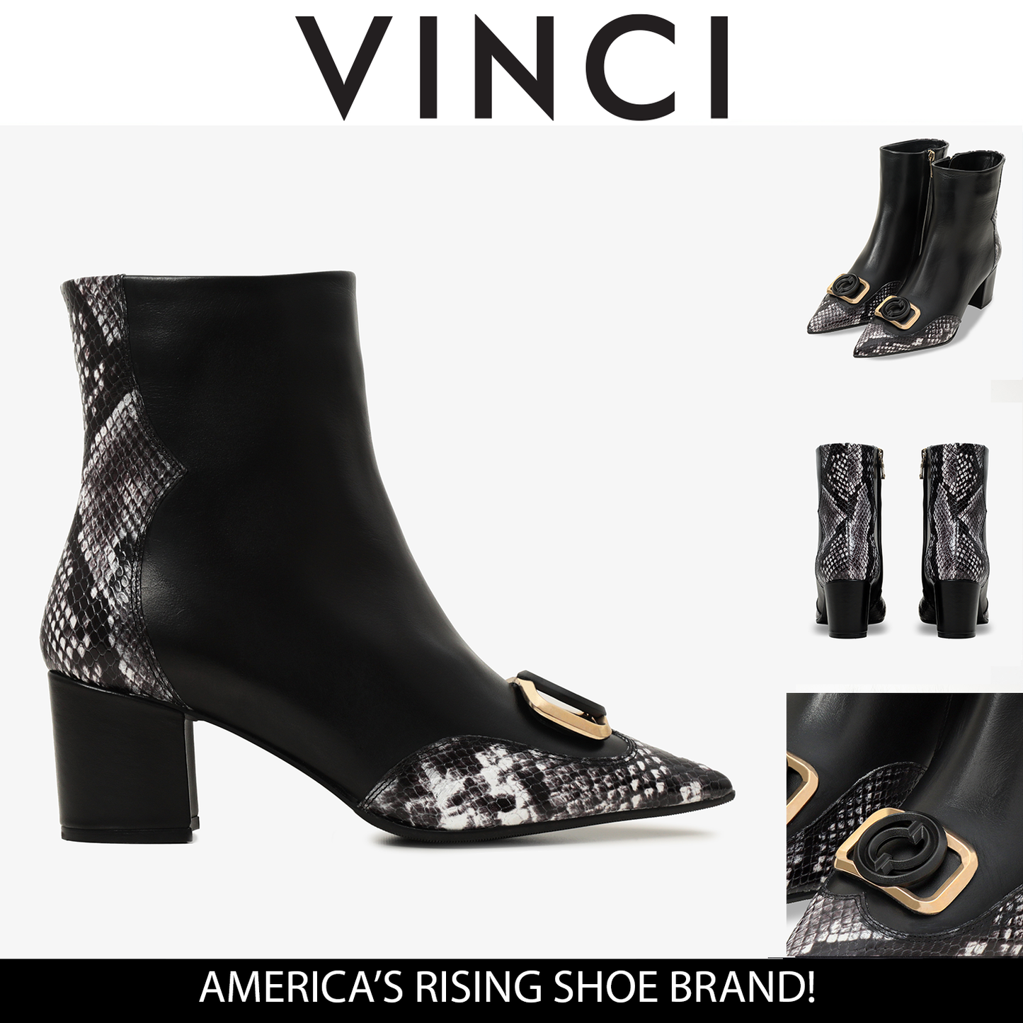 Bota de mujer con tacón de bloque de cuero gris, negro y blanco