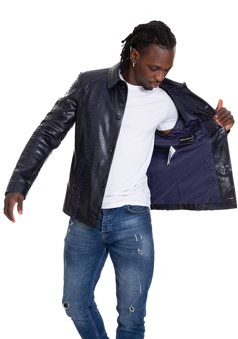 Chaqueta de cuero azul marino para hombre Pitman Pythn 