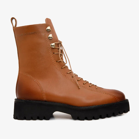 ¡Venta final de las botas de mujer Moreno Tan de cuero con cordones hasta la mitad de la pantorrilla!