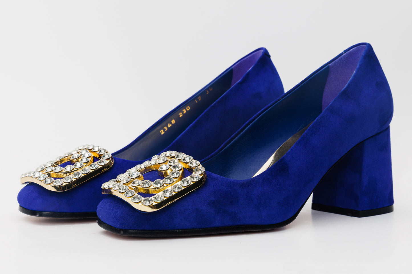 Zapatos de tacón cuadrado de piel de ante azul para mujer de California Sax 
