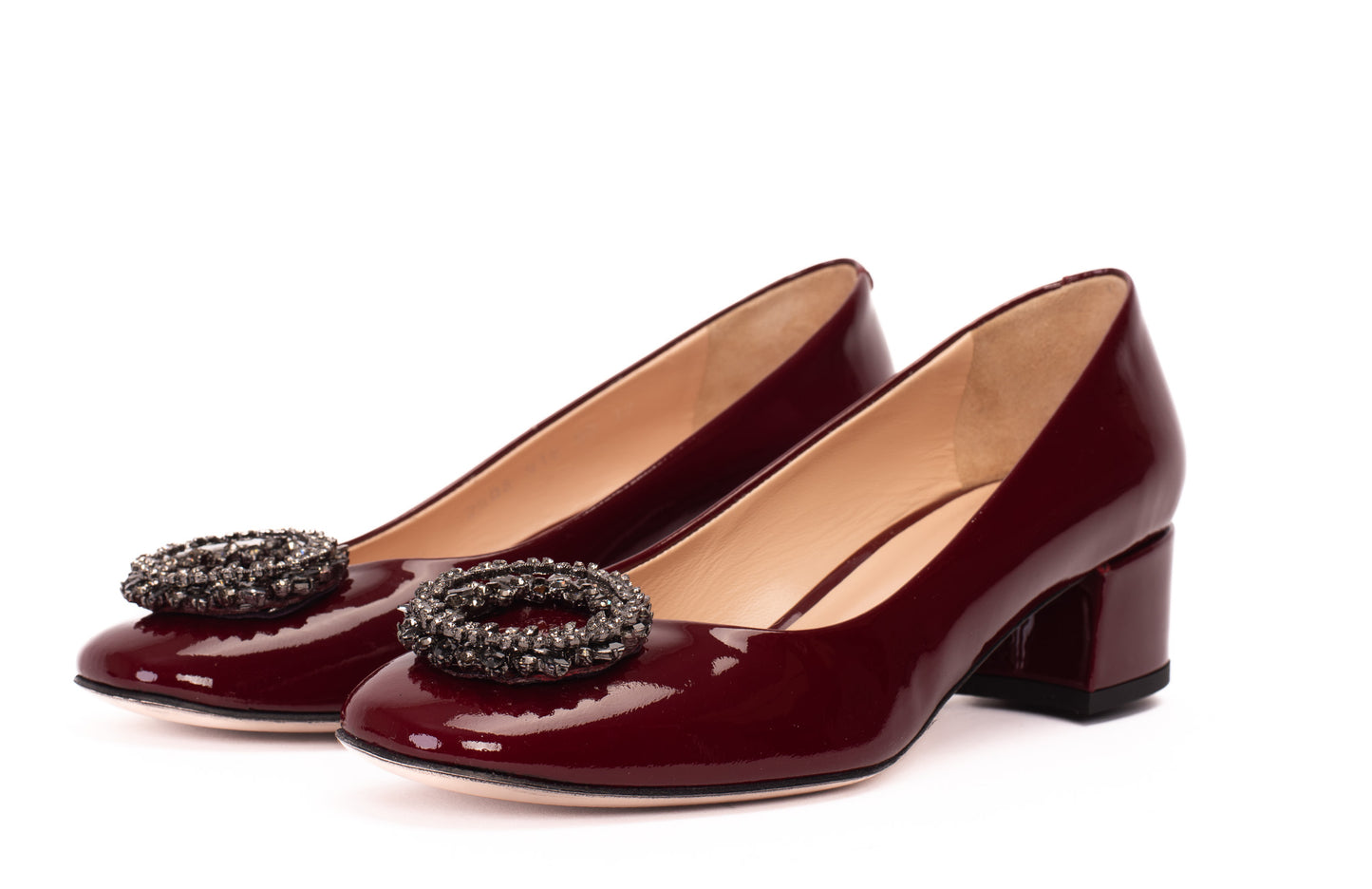 Zapatos de salón de tacón de bloque de piel de charol burdeos danesa para mujer 