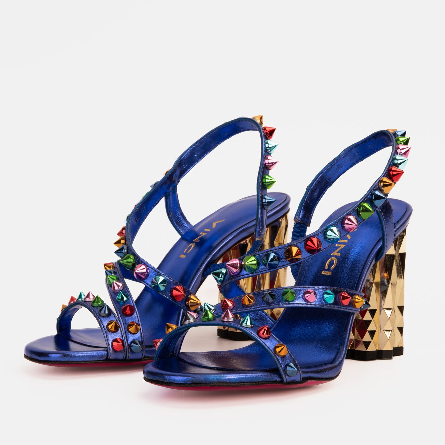 The Caris Sax Sandalia de Mujer con Tacón de Bloque Azul y Púa de Cuero ¡Venta Final!