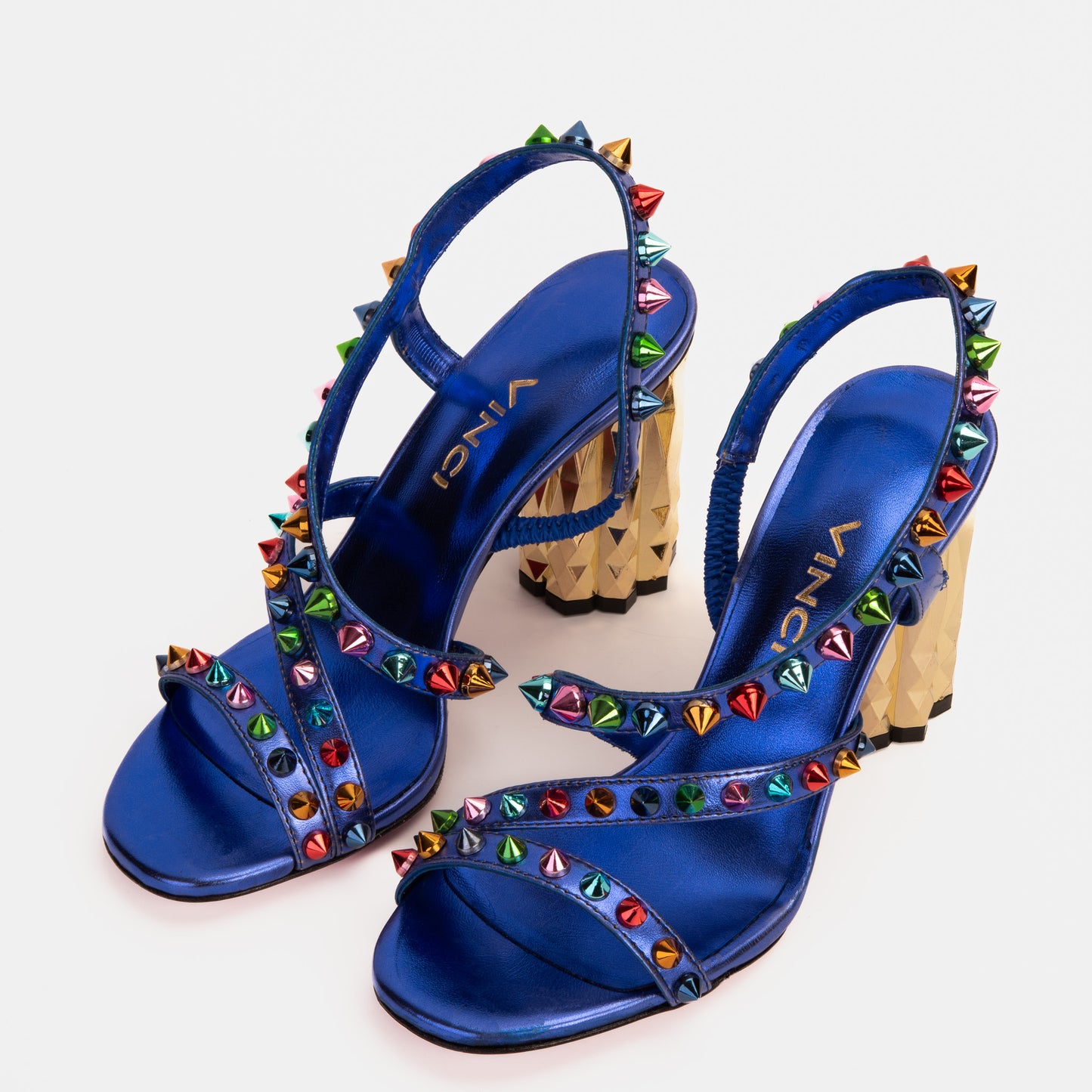 The Caris Sax Sandalia de Mujer con Tacón de Bloque Azul y Púa de Cuero ¡Venta Final!
