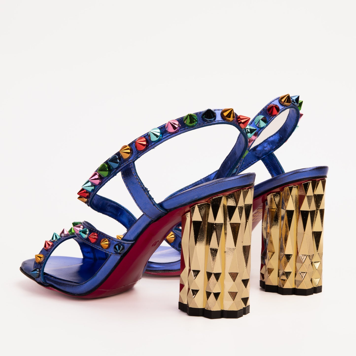 The Caris Sax Sandalia de Mujer con Tacón de Bloque Azul y Púa de Cuero ¡Venta Final!