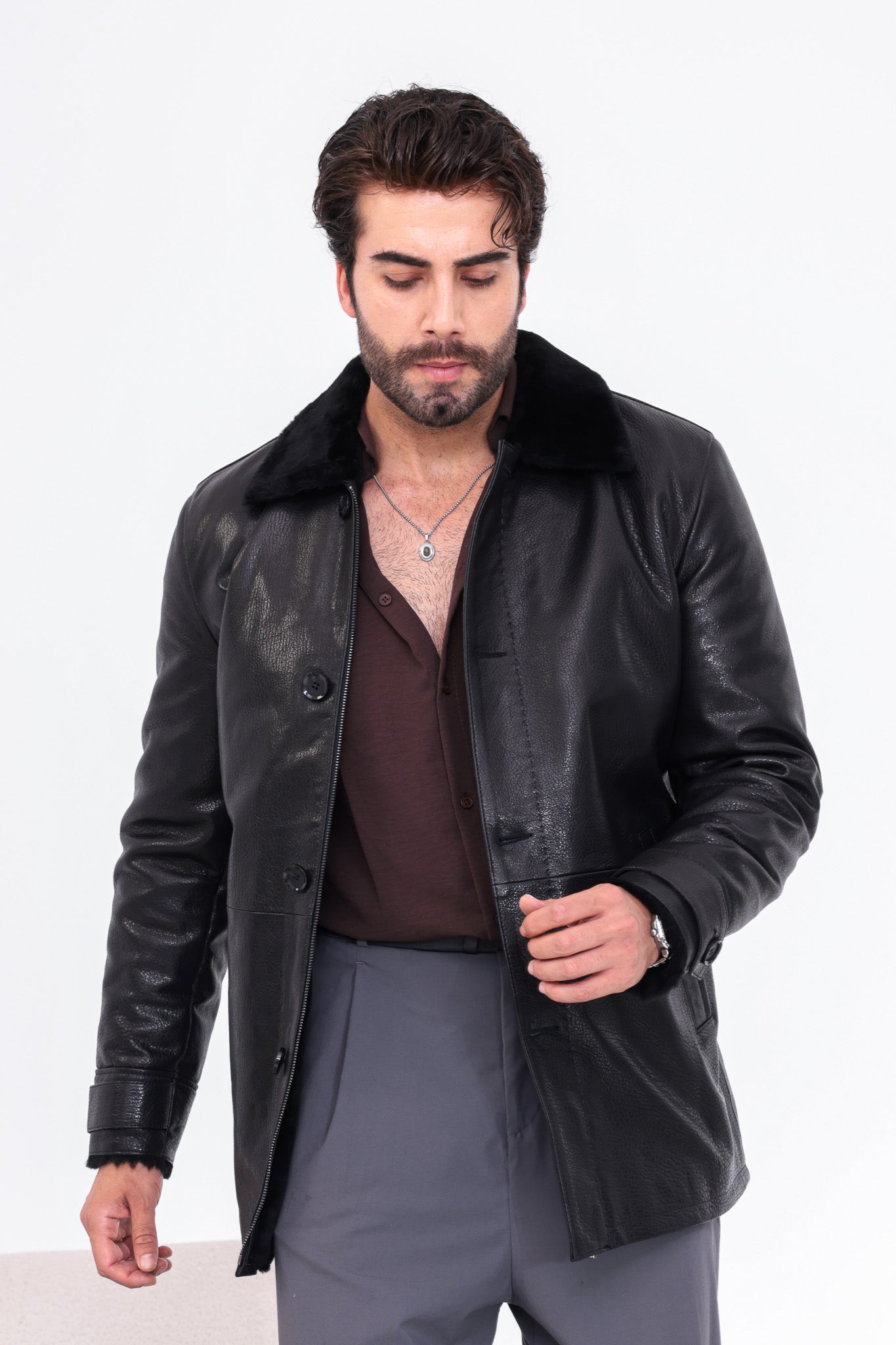 The Avelino Black Genuine Calf Leather Shearling Collar Men Coat Material: