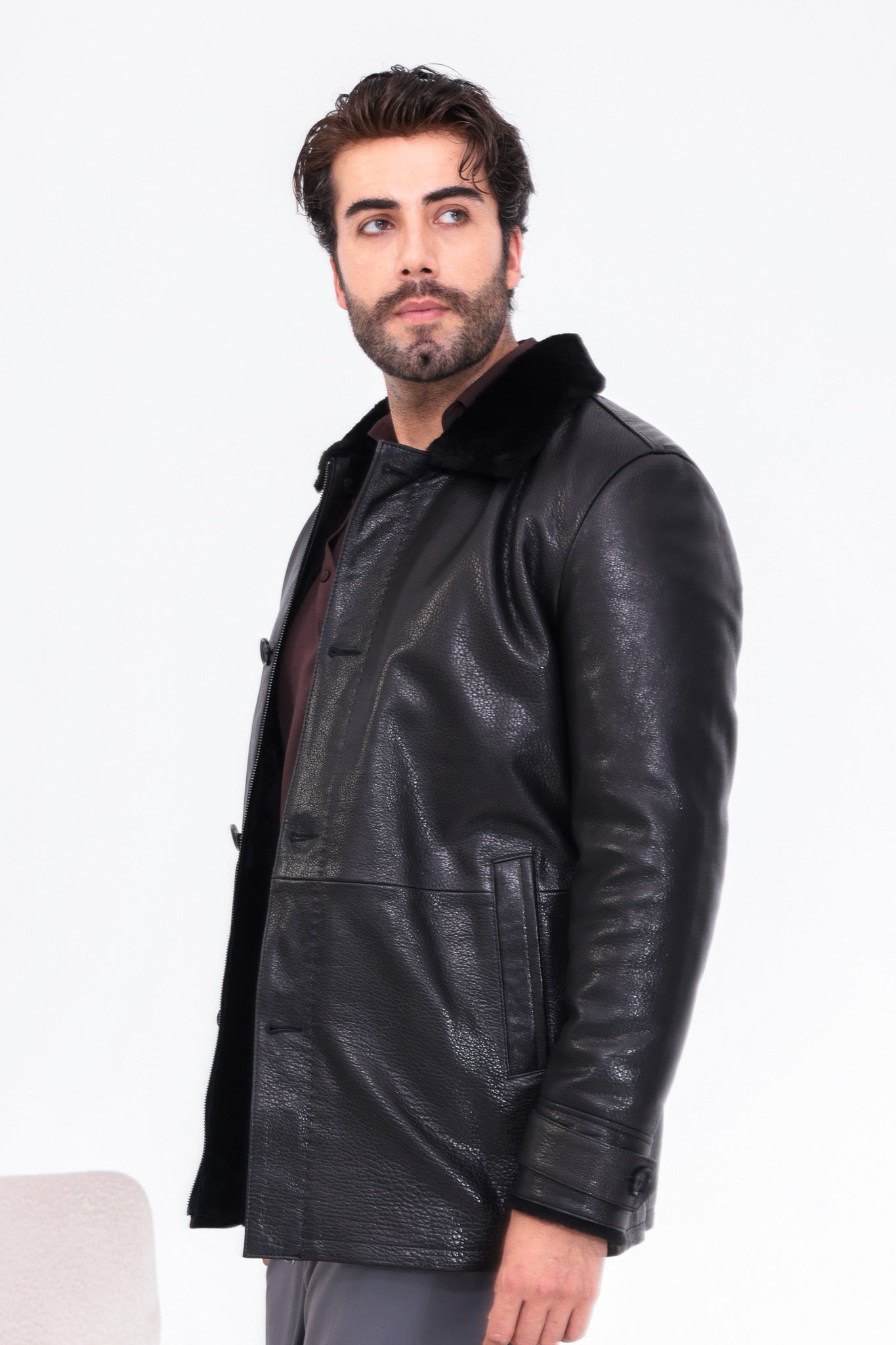The Avelino Black Genuine Calf Leather Shearling Collar Men Coat Material: