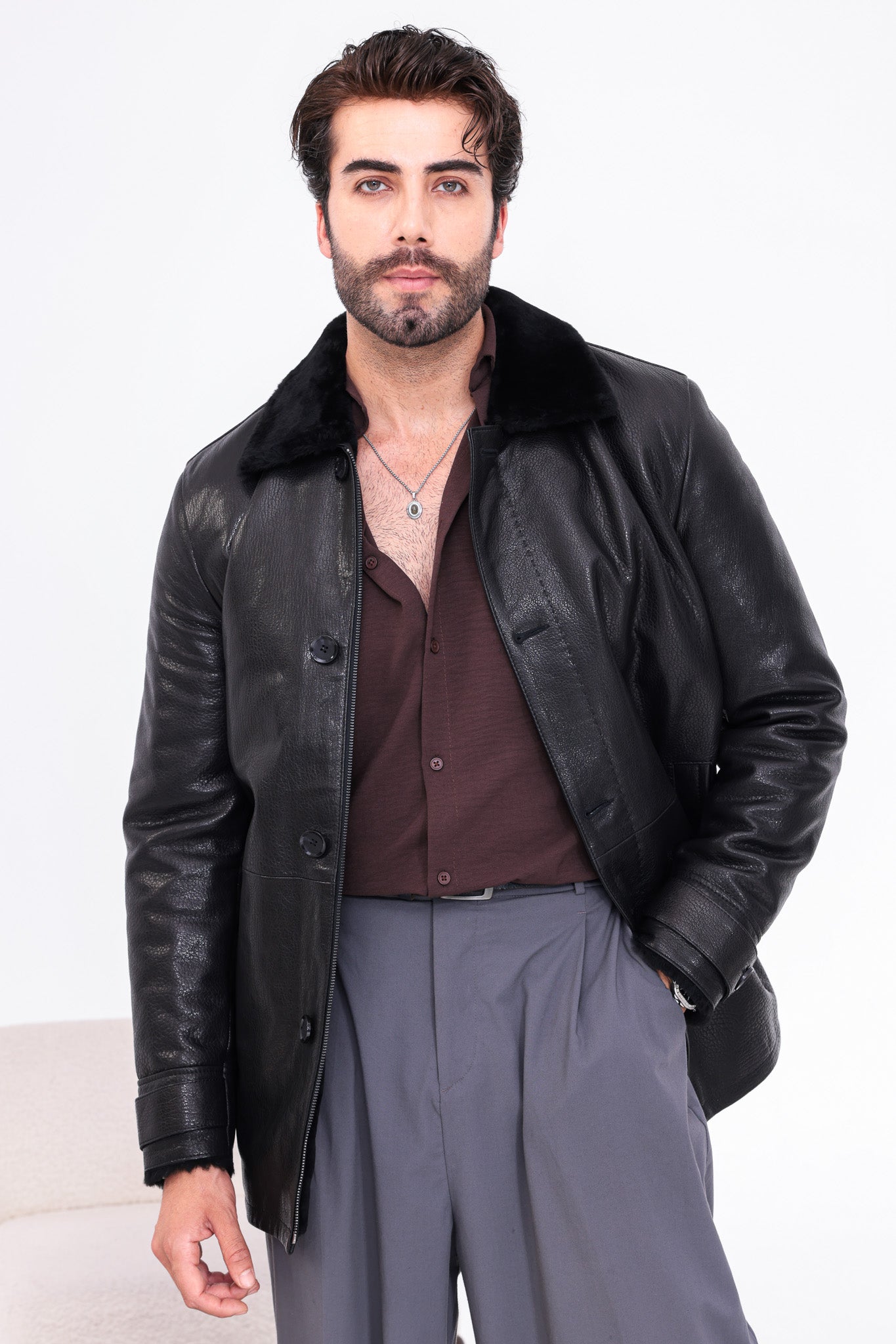 The Avelino Black Genuine Calf Leather Shearling Collar Men Coat Material: