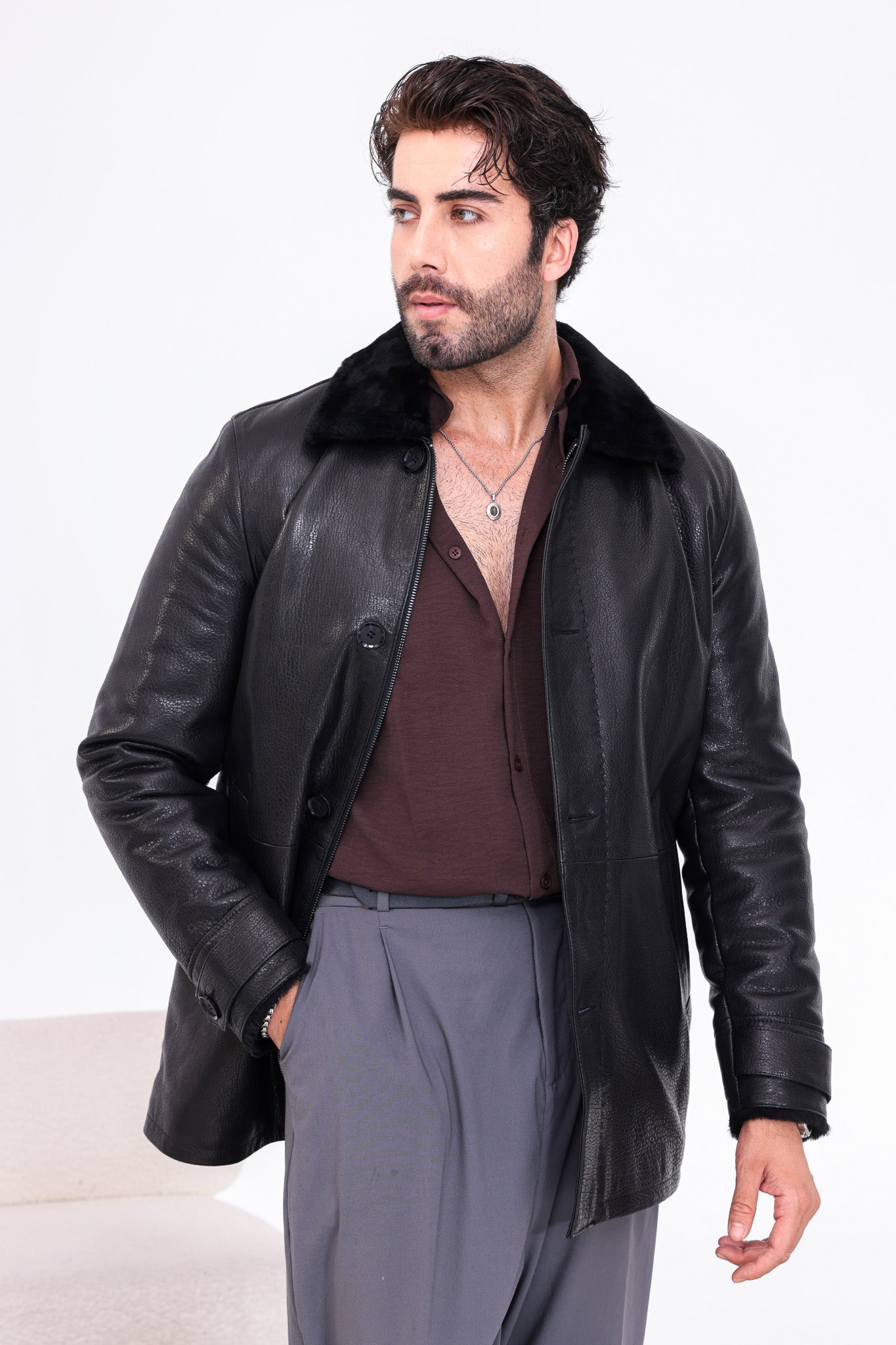 The Avelino Black Genuine Calf Leather Shearling Collar Men Coat Material: