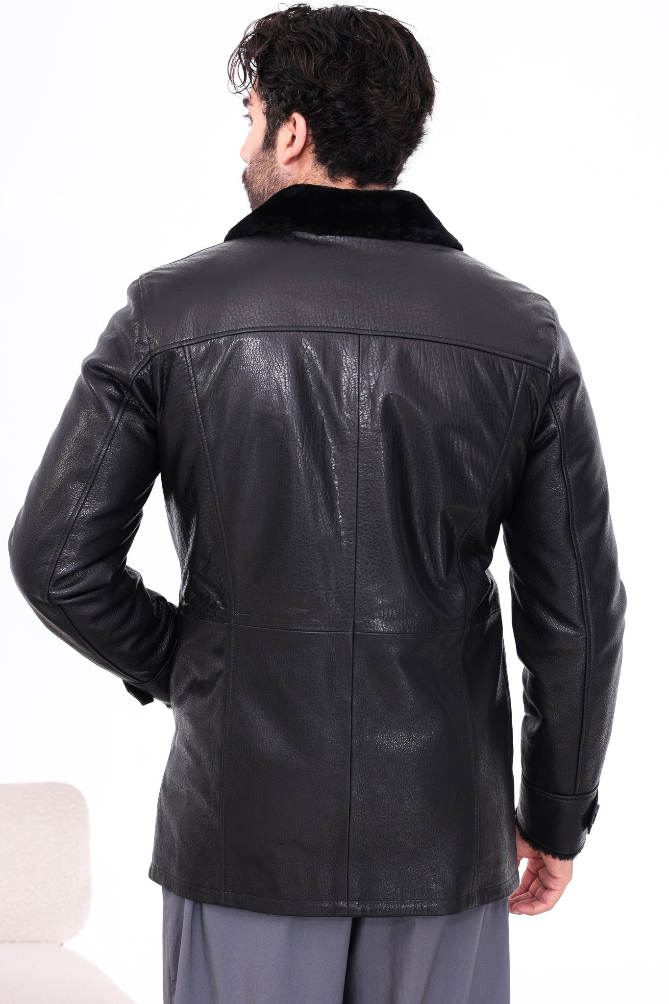 The Avelino Black Genuine Calf Leather Shearling Collar Men Coat Material: