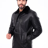 The Avelino Black Genuine Calf Leather Shearling Collar Men Coat Material: