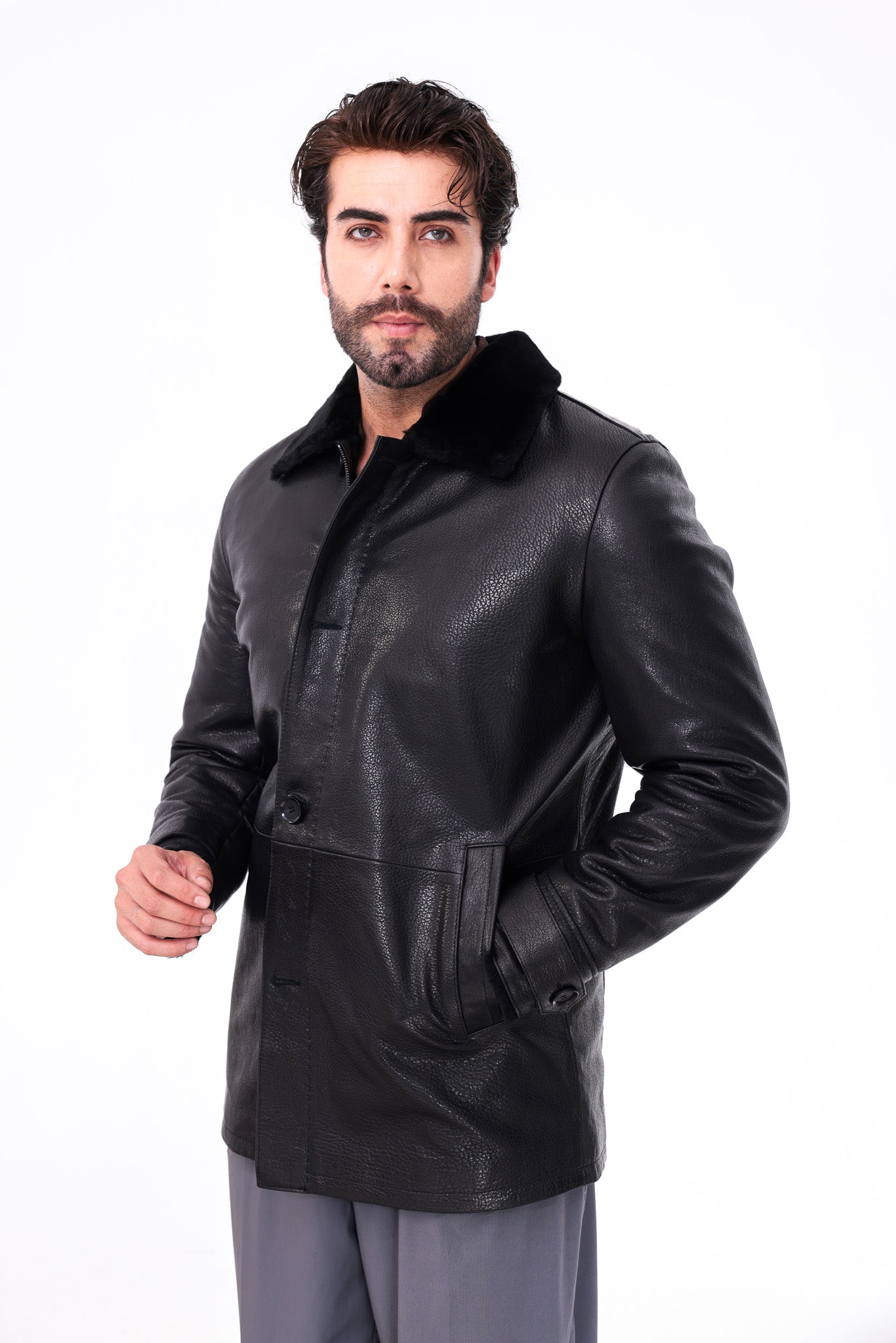 The Avelino Black Genuine Calf Leather Shearling Collar Men Coat Material: