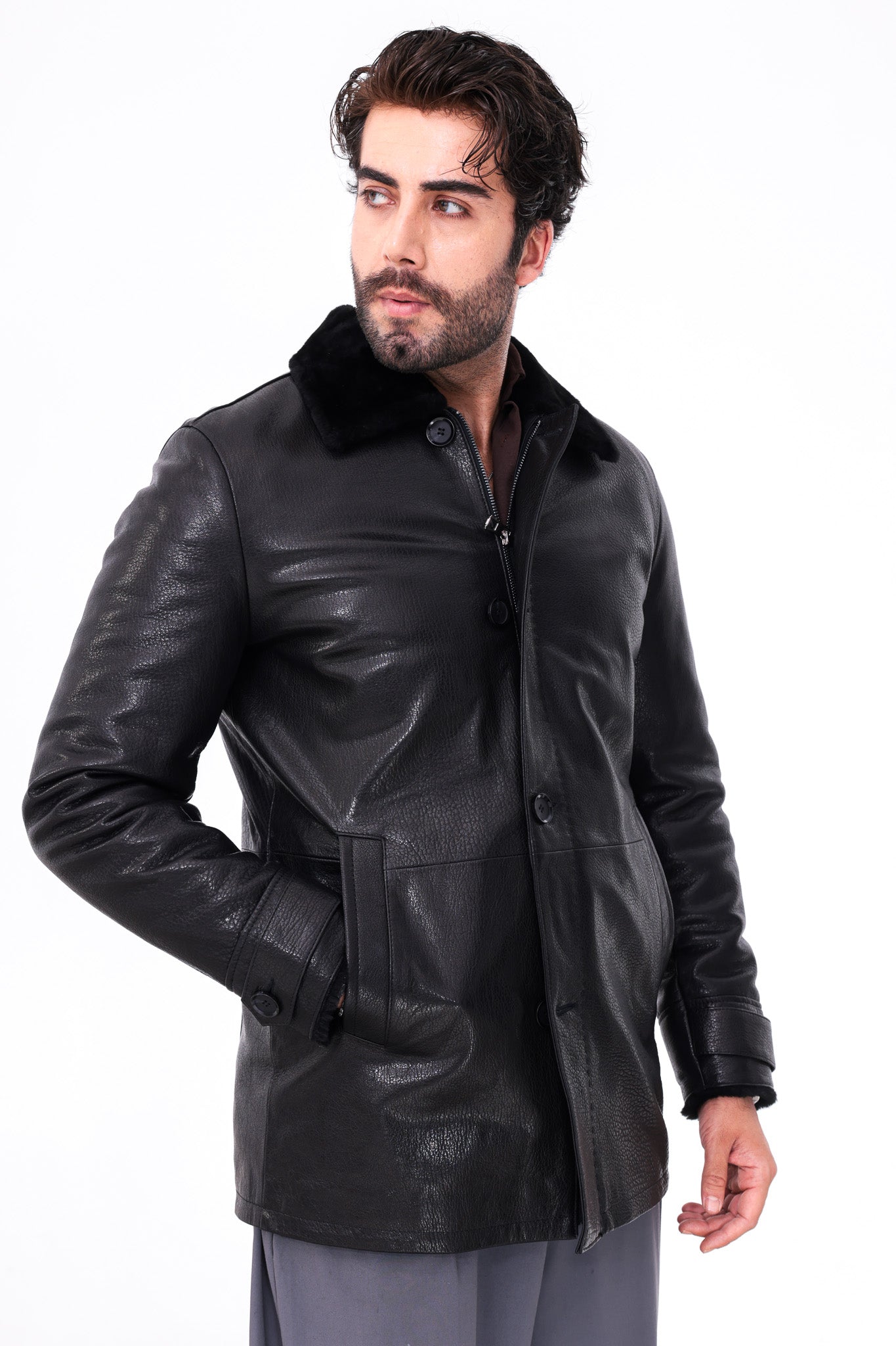 The Avelino Black Genuine Calf Leather Shearling Collar Men Coat Material:
