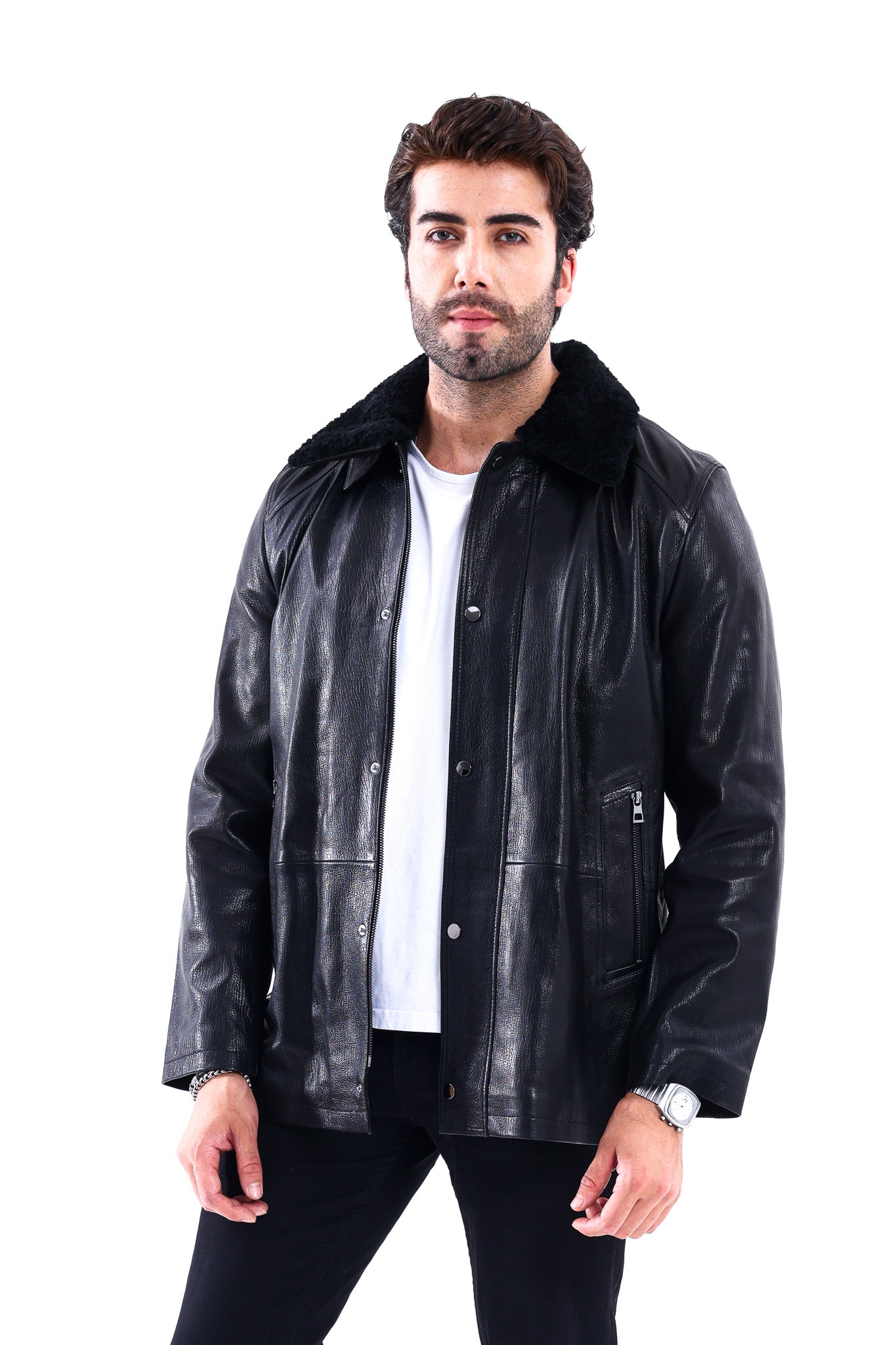 Abrigo para hombre The Bracciano de piel de becerro auténtica negra con cuello de borreguillo Material