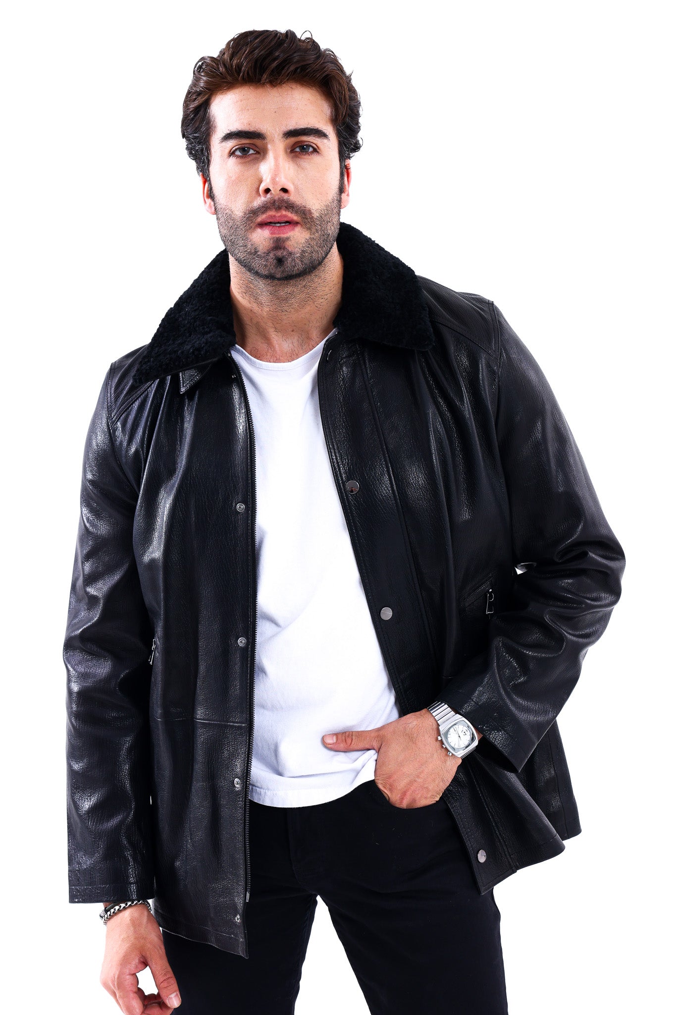 Abrigo para hombre The Bracciano de piel de becerro auténtica negra con cuello de borreguillo Material