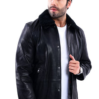 Abrigo para hombre The Bracciano de piel de becerro auténtica negra con cuello de borreguillo Material