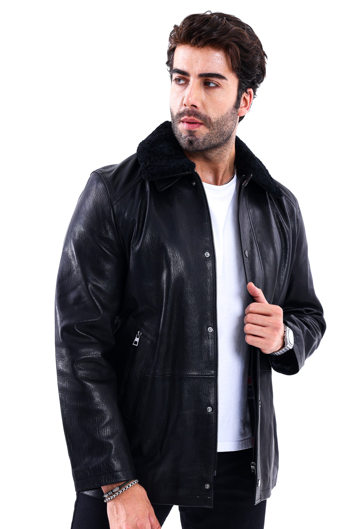 Abrigo para hombre The Bracciano de piel de becerro auténtica negra con cuello de borreguillo Material