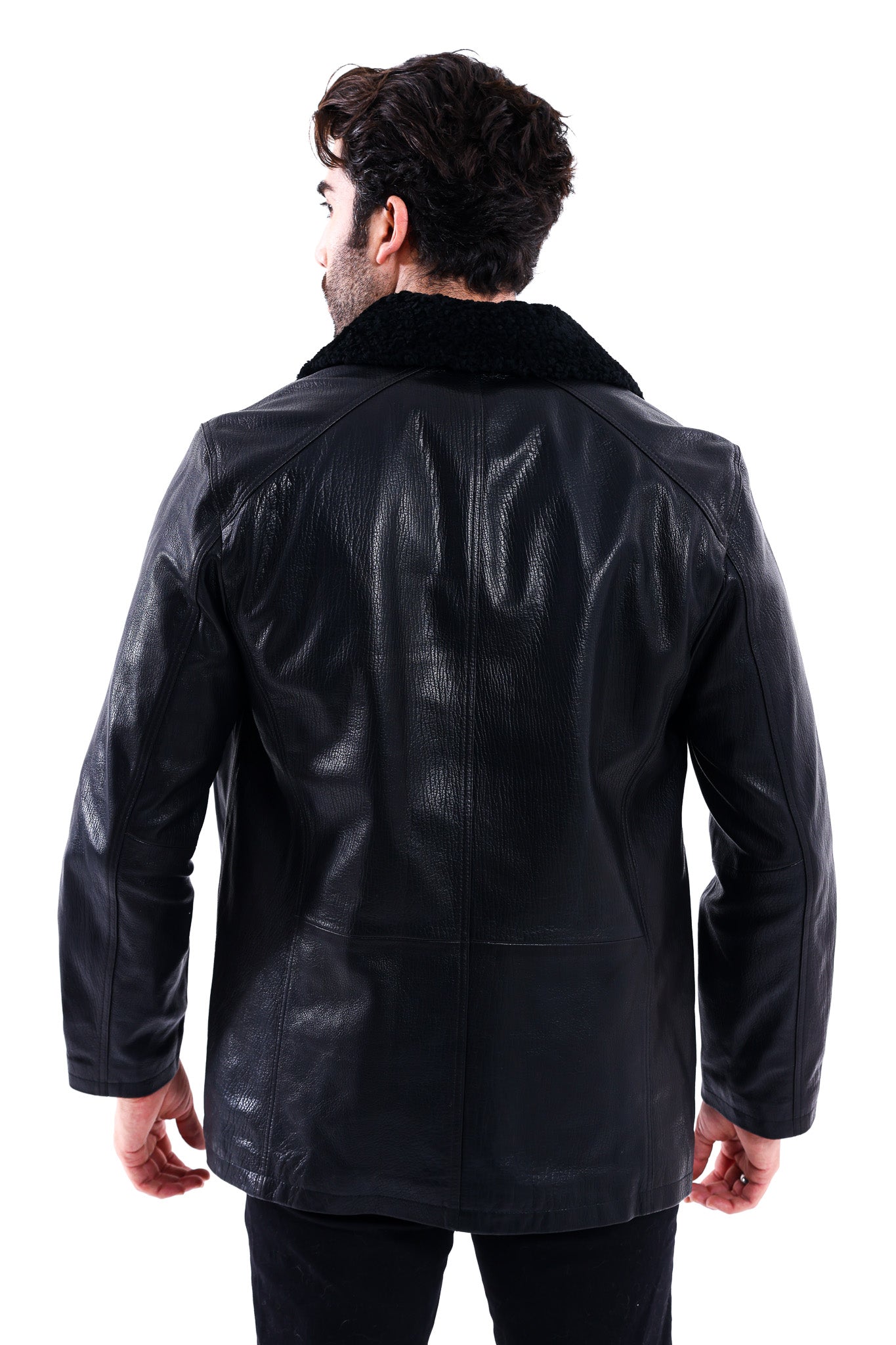 Abrigo para hombre The Bracciano de piel de becerro auténtica negra con cuello de borreguillo Material