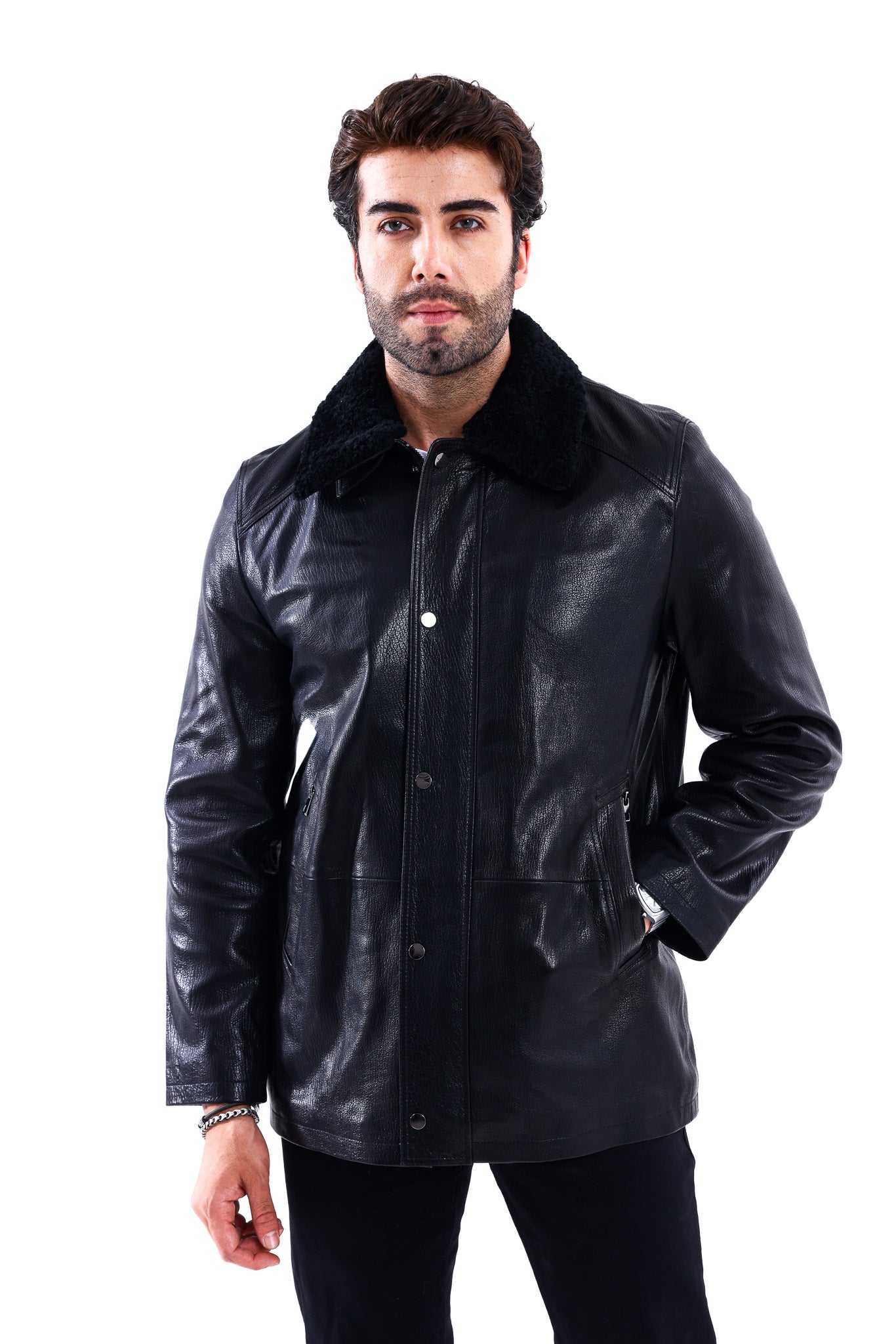 Abrigo para hombre The Bracciano de piel de becerro auténtica negra con cuello de borreguillo Material