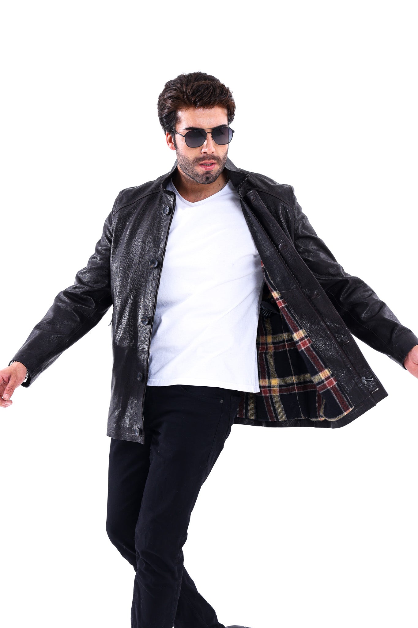 معطف رجالي من جلد عجل طبيعي أسود Bracciano – إصدار بأزرار أمامية