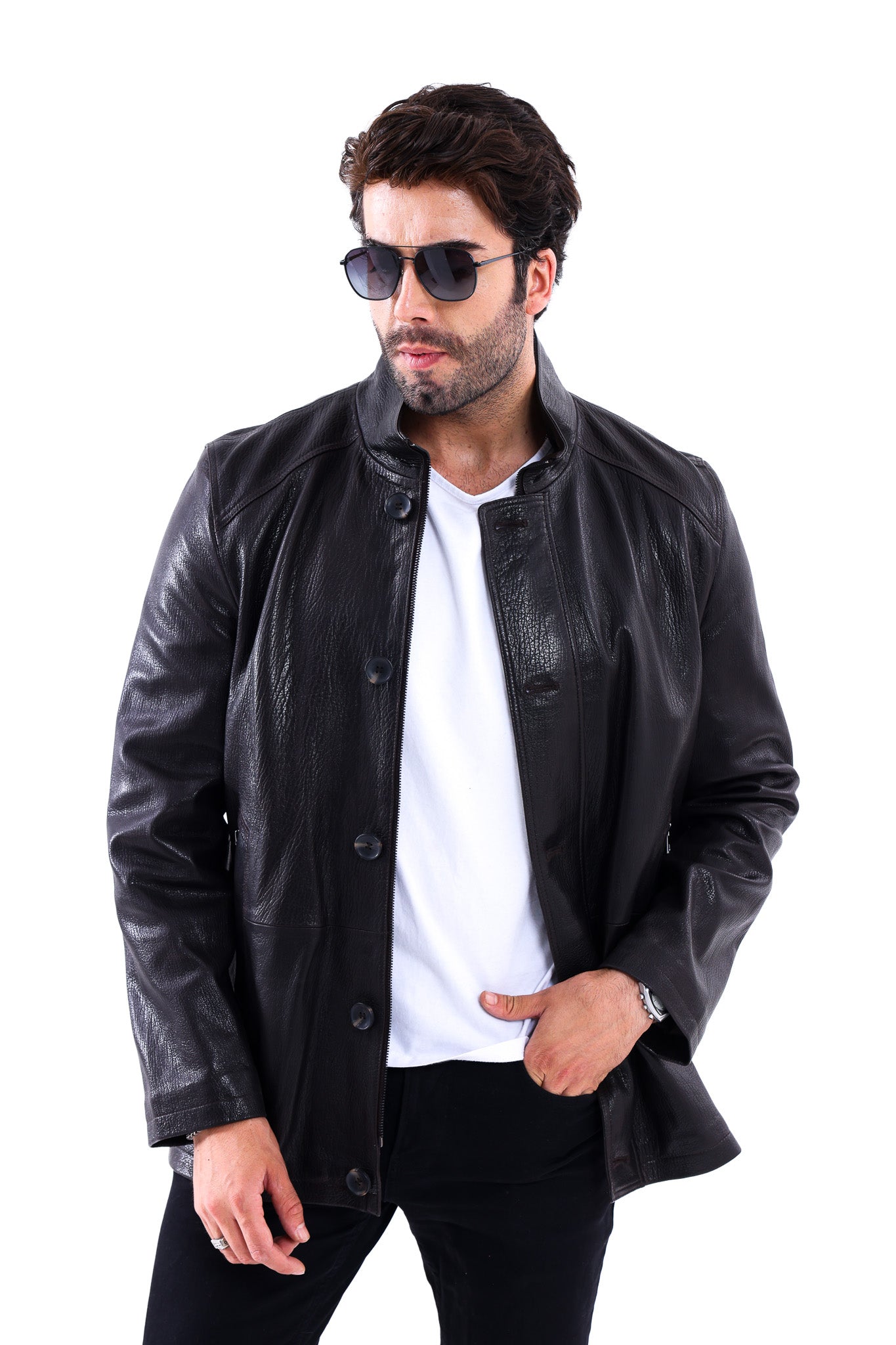 معطف رجالي من جلد عجل طبيعي أسود Bracciano – إصدار بأزرار أمامية