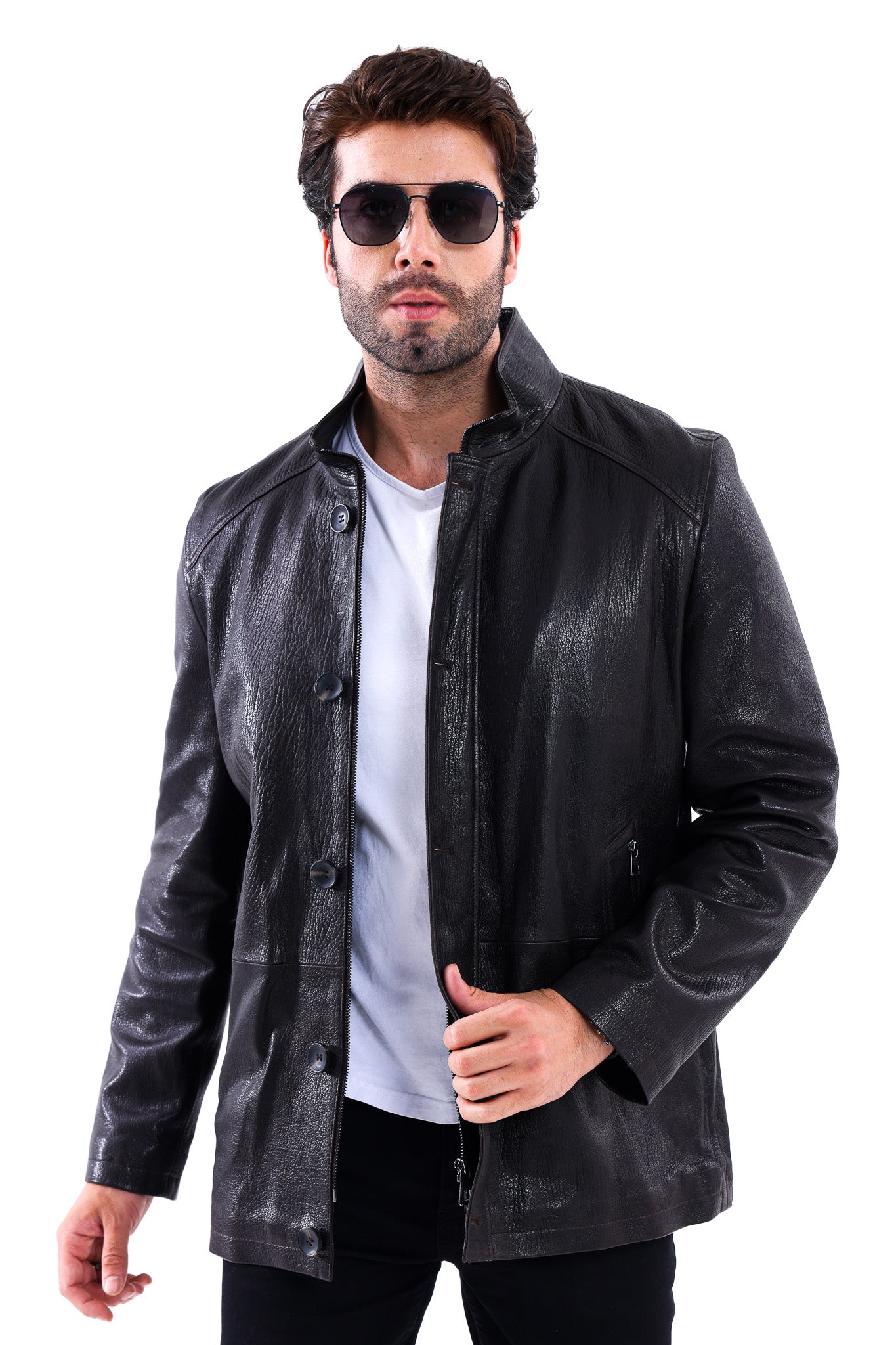 معطف رجالي من جلد عجل طبيعي أسود Bracciano – إصدار بأزرار أمامية