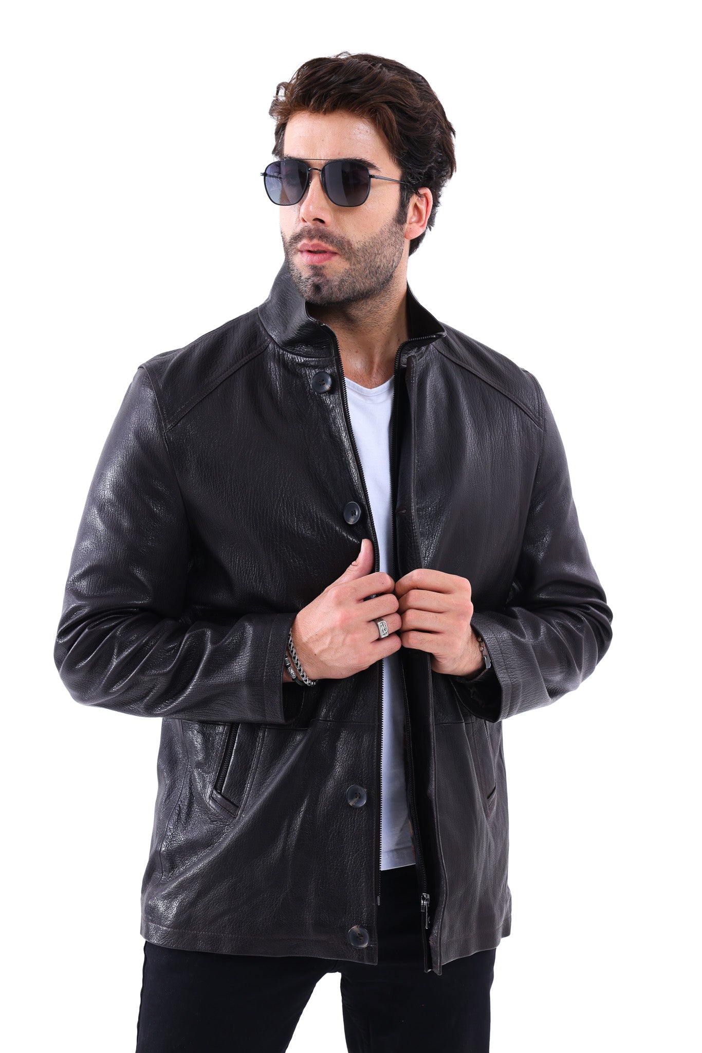 معطف رجالي من جلد عجل طبيعي أسود Bracciano – إصدار بأزرار أمامية