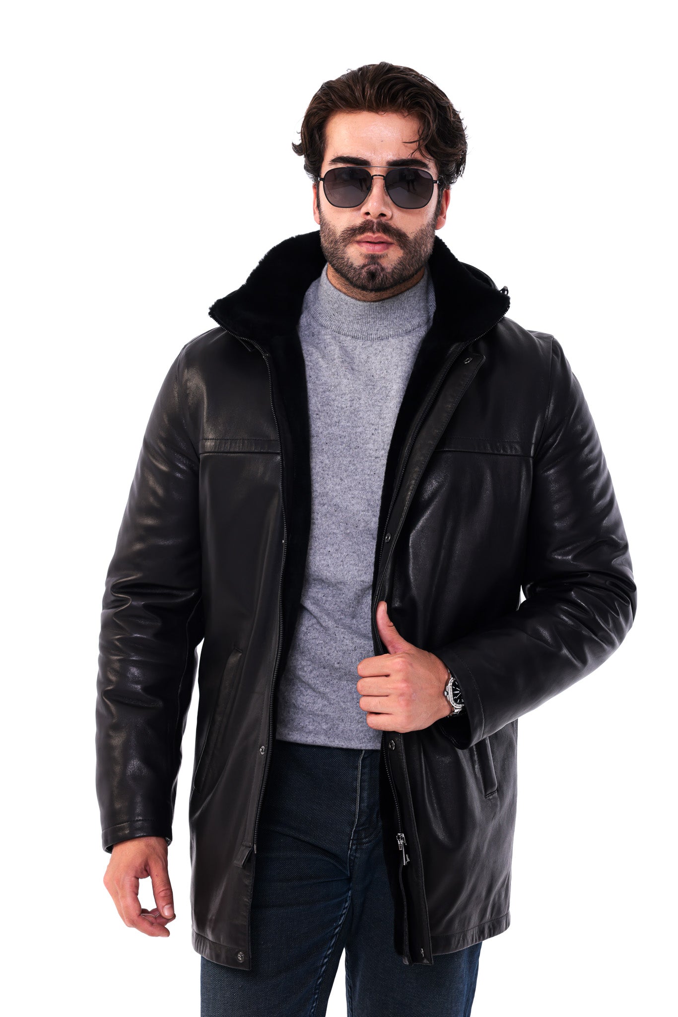 The Davos Black Genuine Leather & Shearling Hooded Men Coat