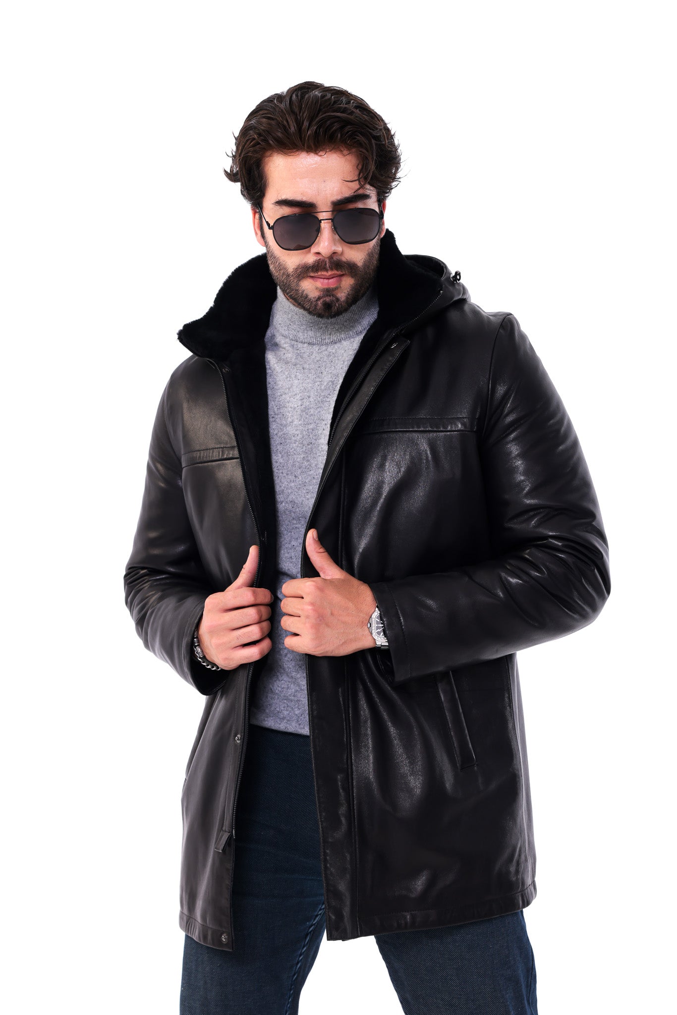 The Davos Black Genuine Leather & Shearling Hooded Men Coat