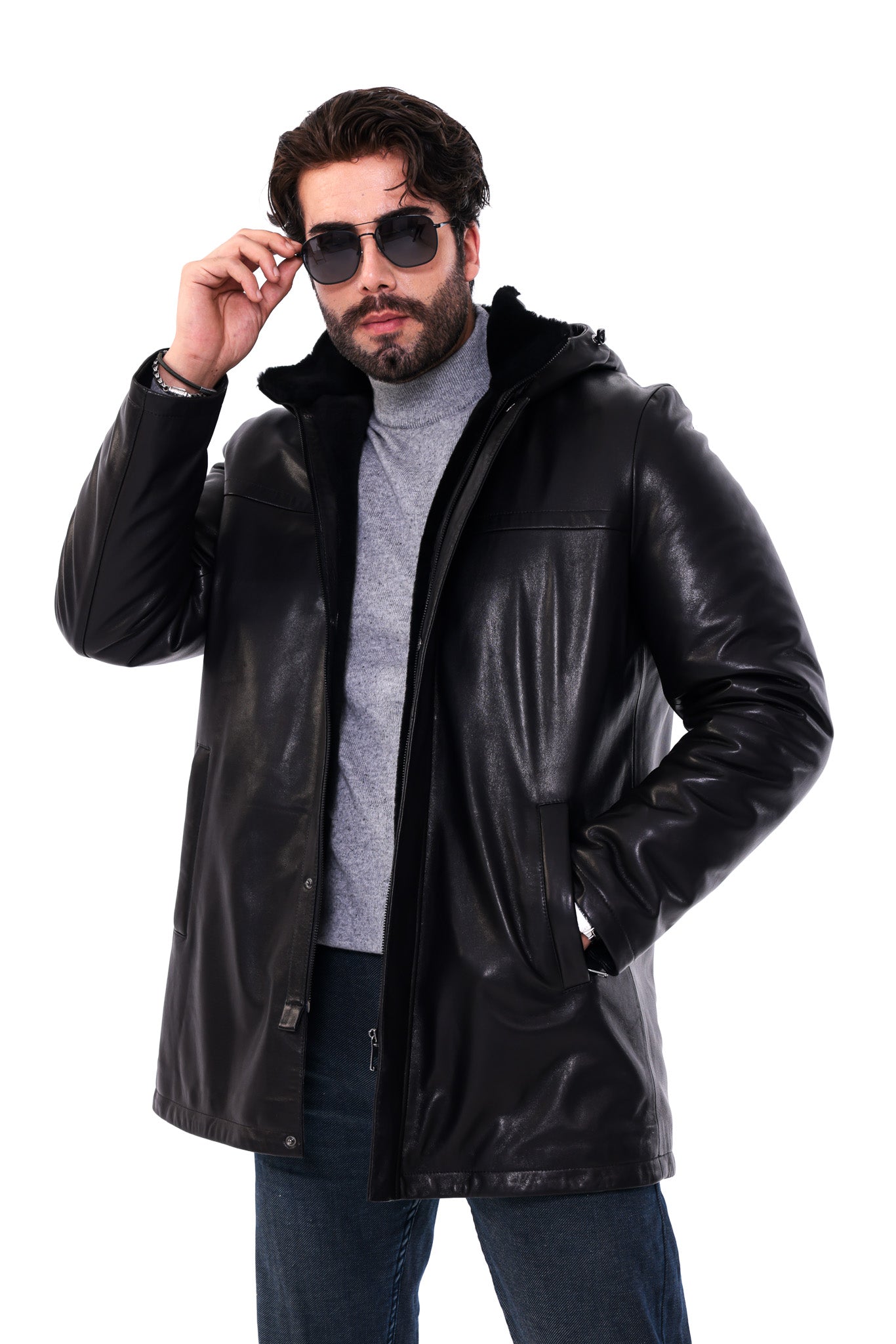 The Davos Black Genuine Leather & Shearling Hooded Men Coat