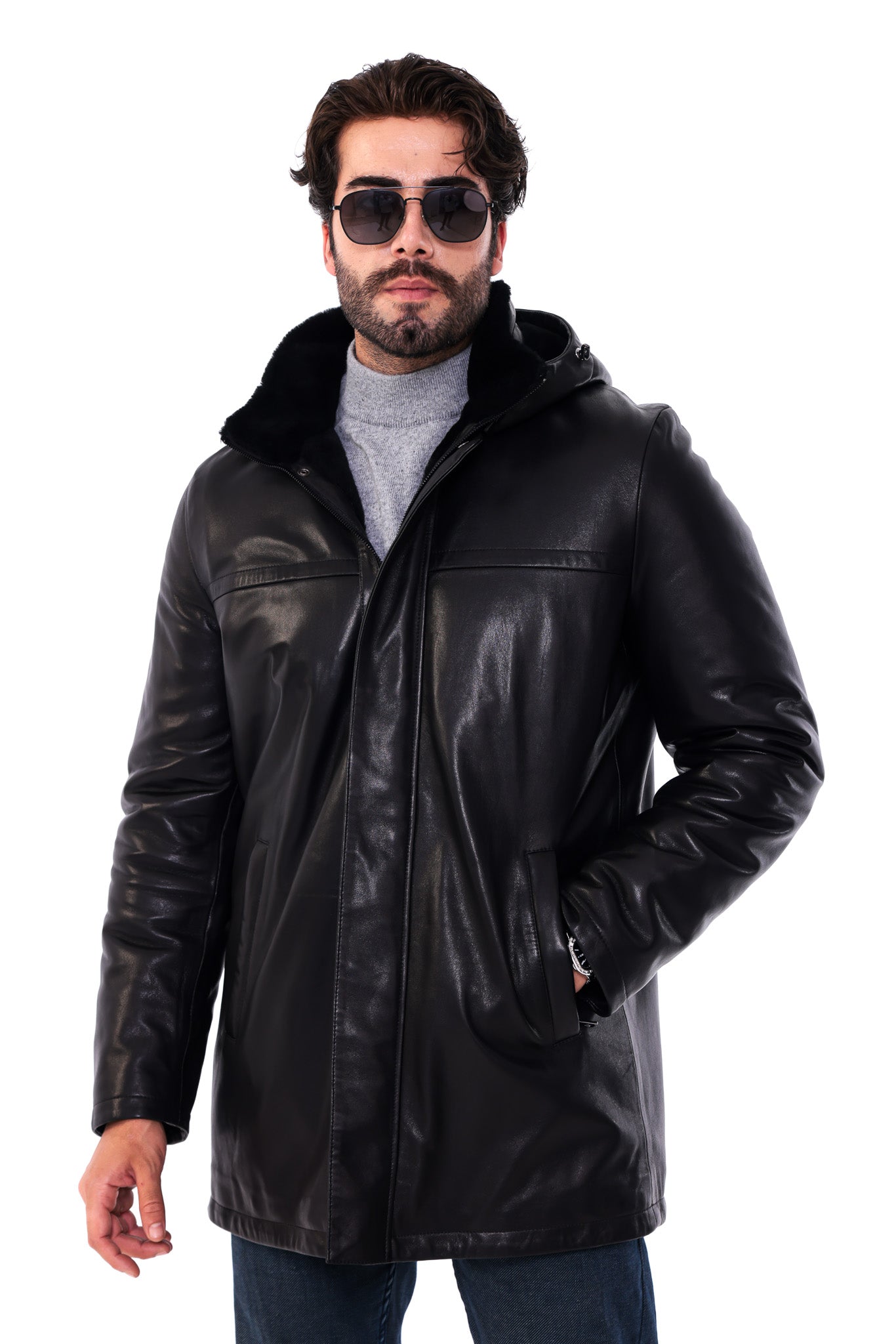The Davos Black Genuine Leather & Shearling Hooded Men Coat