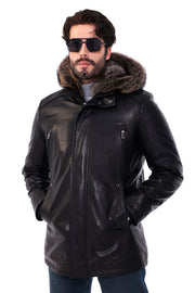 The Montreux Black Genuine Leather Fur-Lined Hooded Men Coat