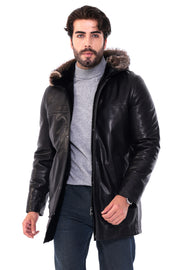 The Kaldren Black Genuine Leather Fur-Trimmed Hooded Men Coat