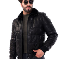 The Zervano Black Genuine Leather Fur Collar Puffer Men Jacket