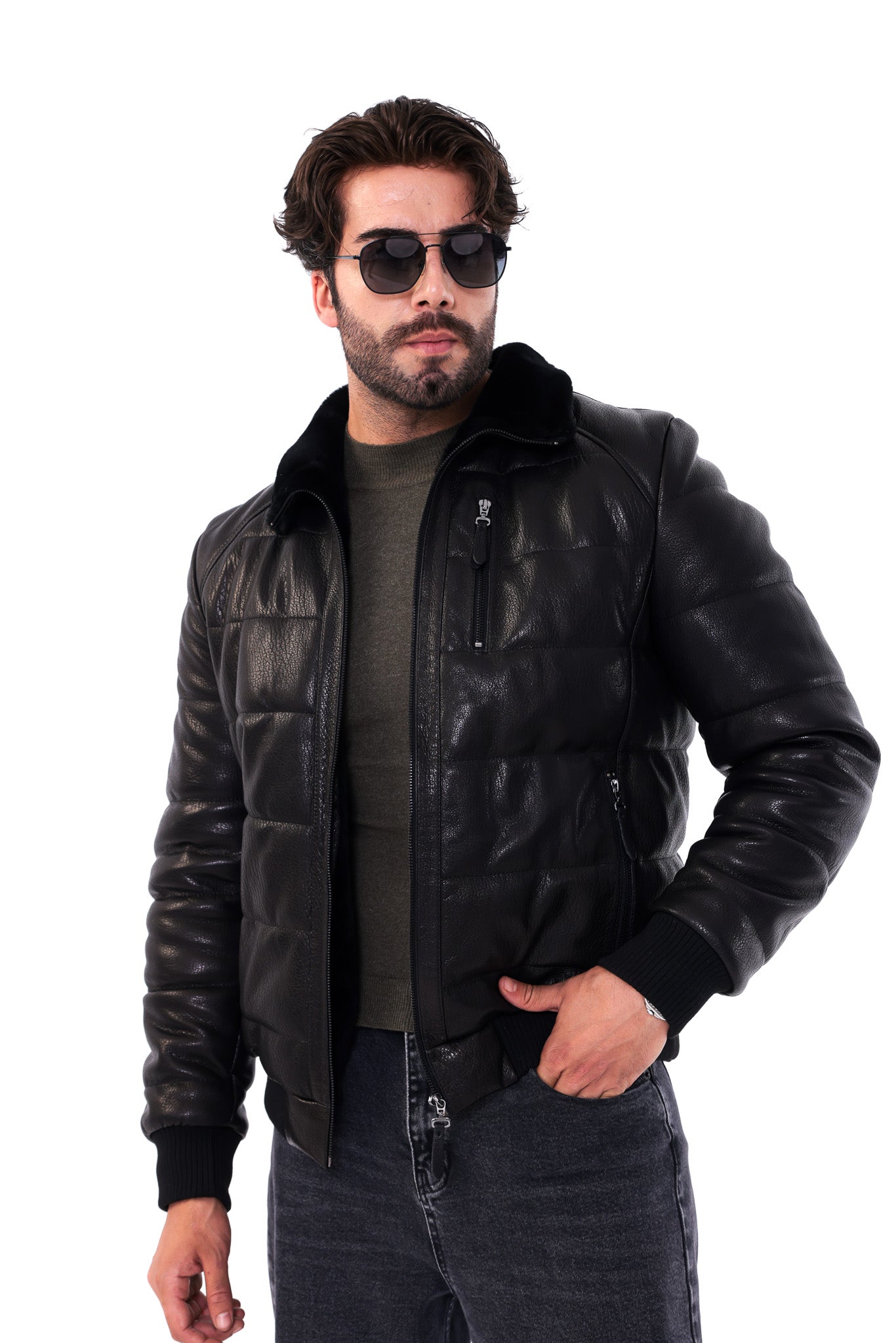 The Zervano Black Genuine Leather Fur Collar Puffer Men Jacket
