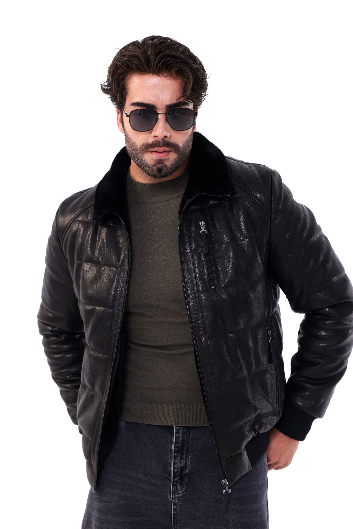 The Zervano Black Genuine Leather Fur Collar Puffer Men Jacket