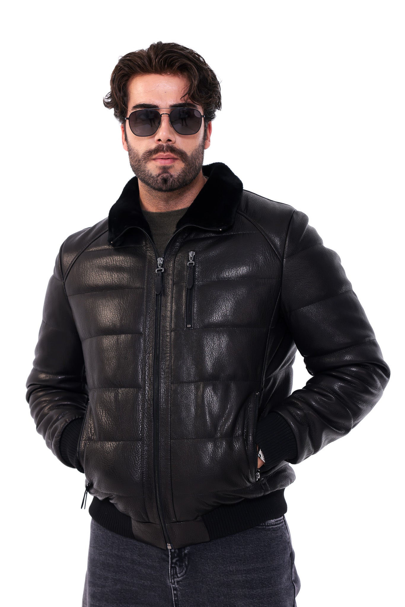 The Zervano Black Genuine Leather Fur Collar Puffer Men Jacket