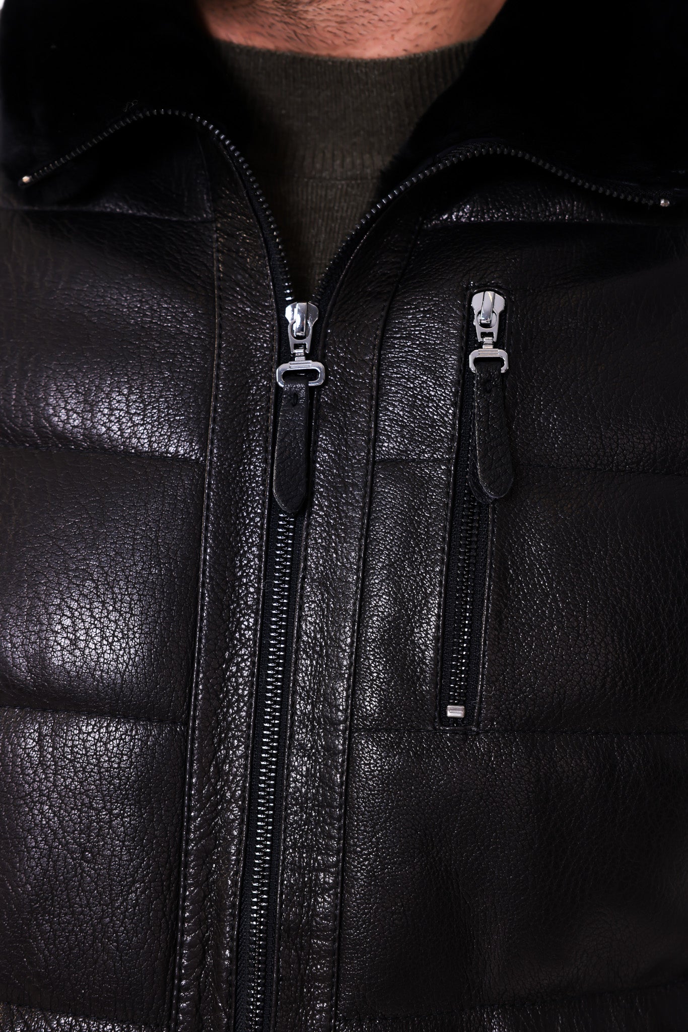 The Zervano Black Genuine Leather Fur Collar Puffer Men Jacket