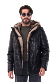 The Valdoro Black Genuine Leather Fur-Lined Hooded Men Coat