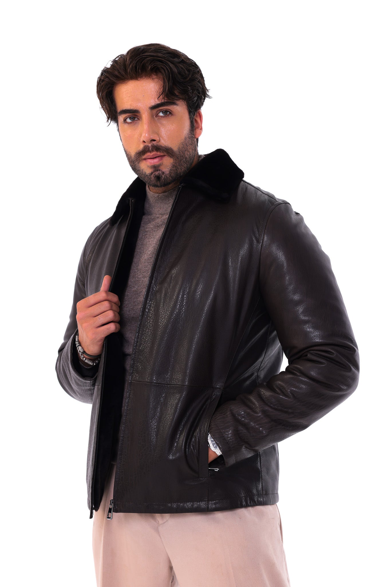 The Elvaris Dark Brown Genuine Leather Fur Collar Men Jacket