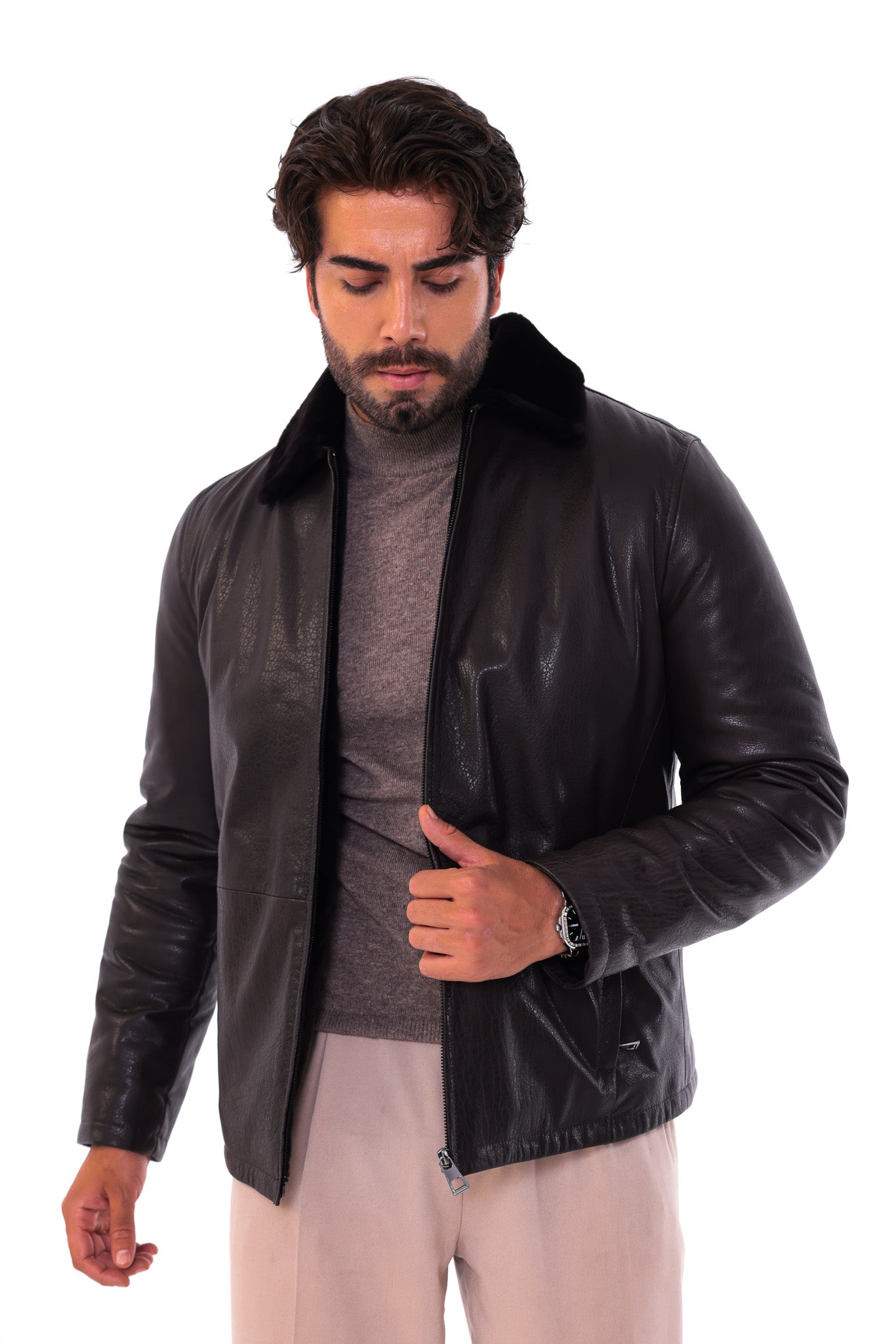 The Elvaris Dark Brown Genuine Leather Fur Collar Men Jacket