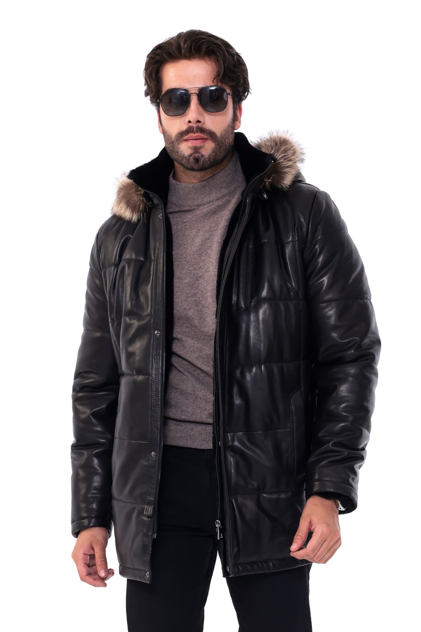 The Montrevia Black Genuine Leather Fur Hooded Men Coat