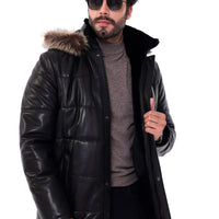 The Montrevia Black Genuine Leather Fur Hooded Men Coat