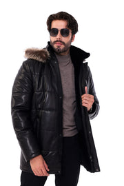 The Montrevia Black Genuine Leather Fur Hooded Men Coat
